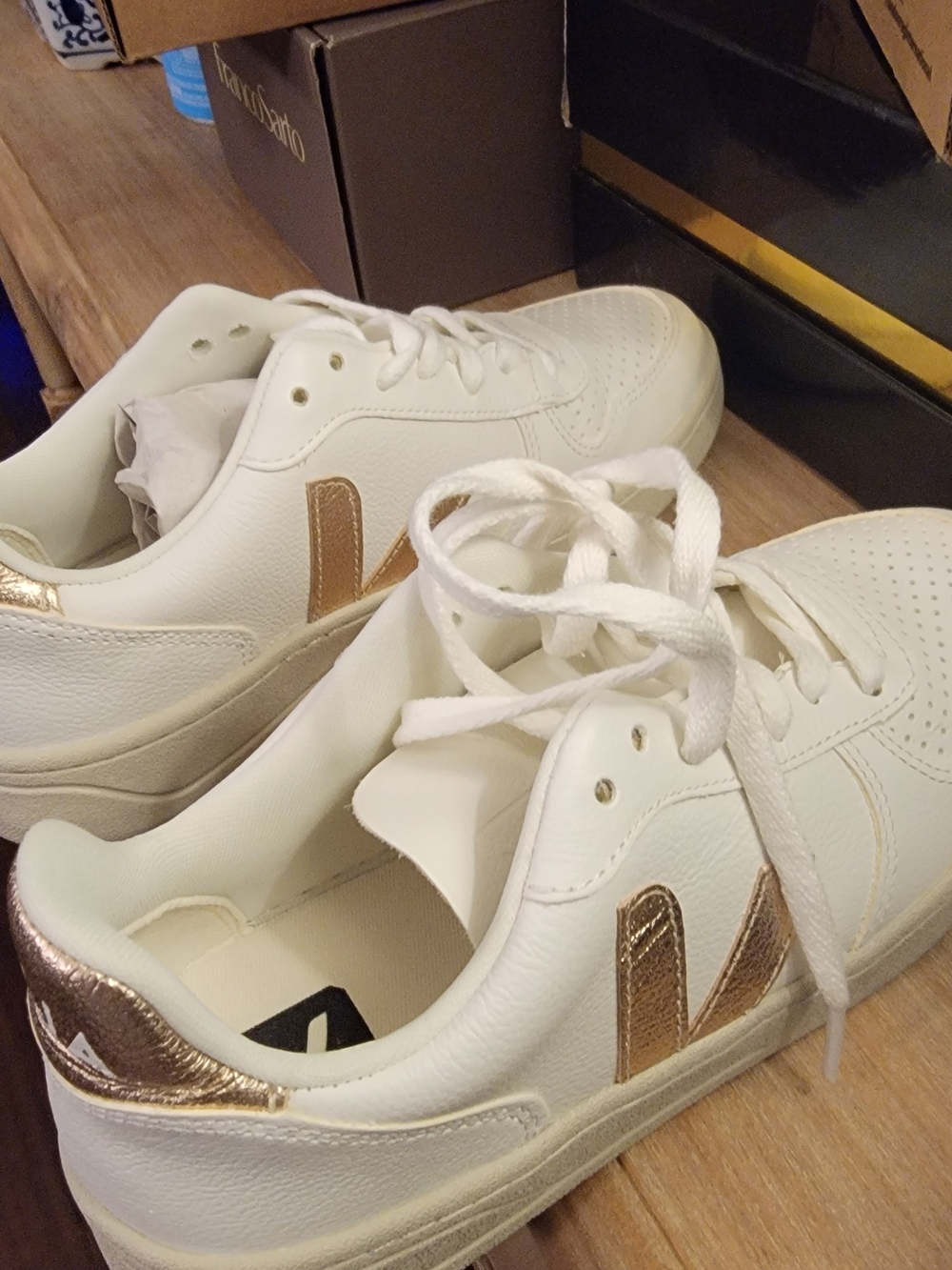 Veja Women's V-10 Leather Sneakers in White with Rose Gold Accent